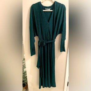 Dark Green Midi Dress with Tie Waist